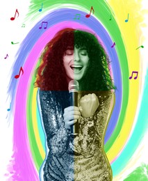 Singer's performance poster. Woman with microphone on bright background