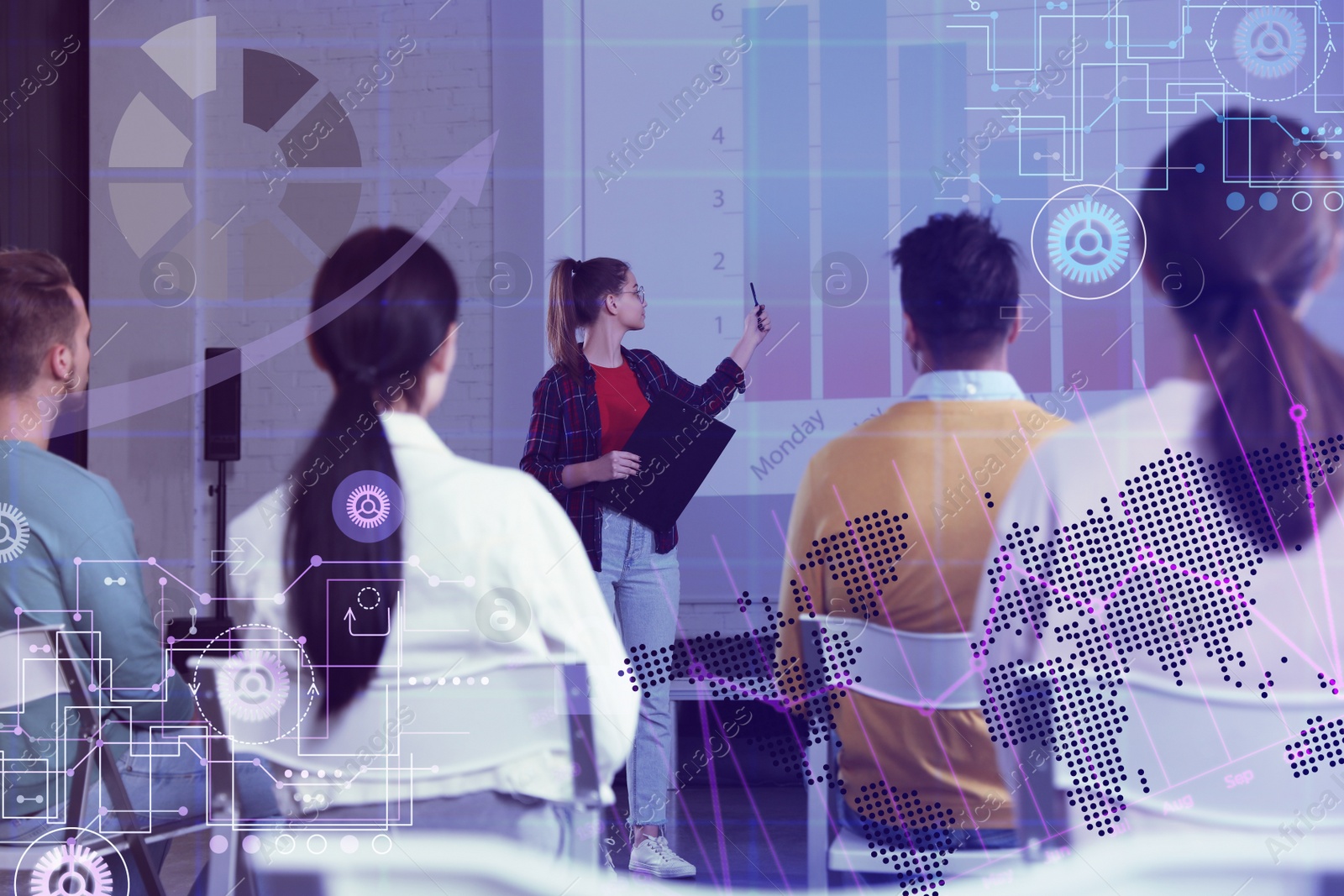 Image of Business trainer giving lecture using video projector in conference room and digital schemes. Double exposure