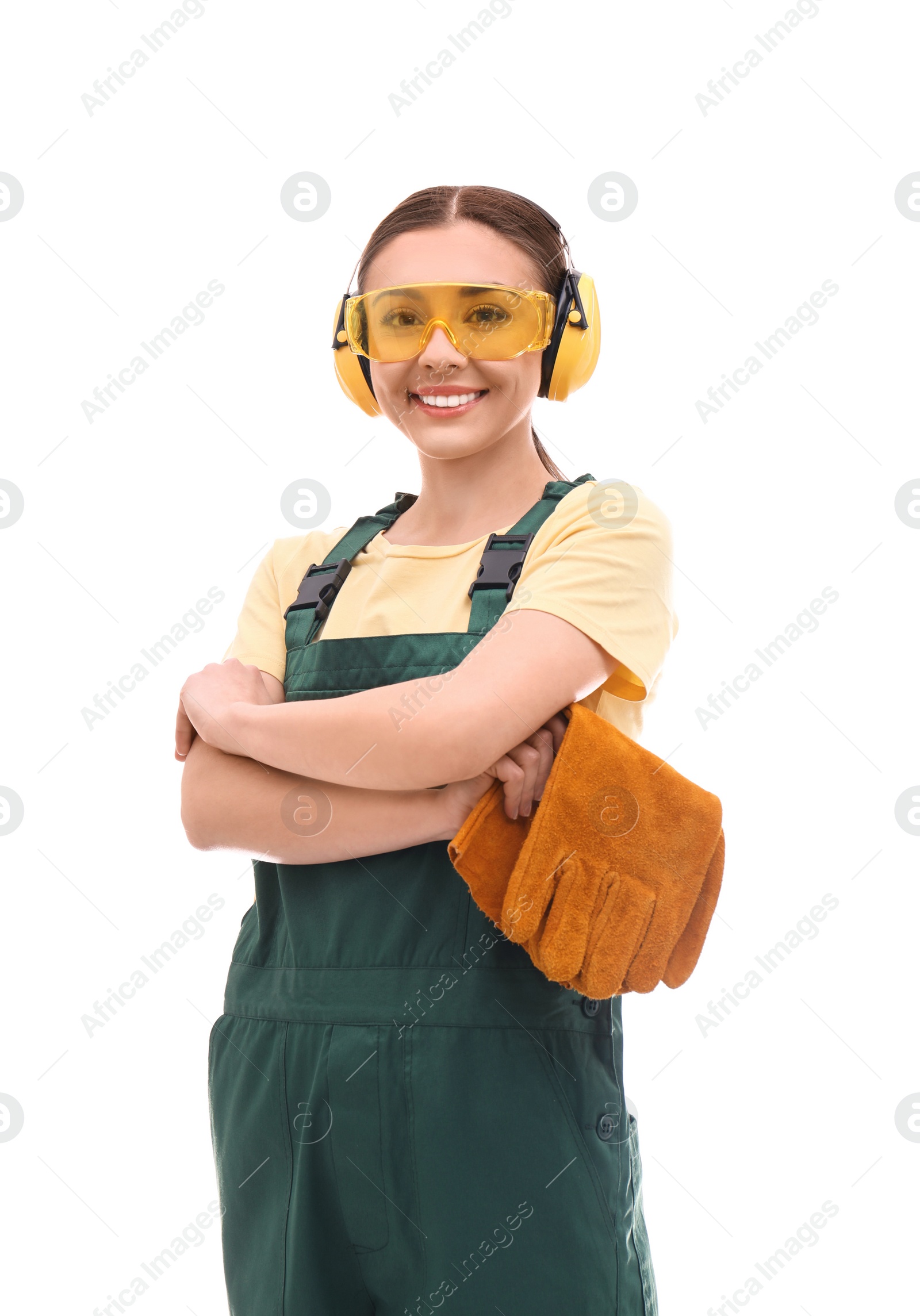 Photo of Female industrial worker in uniform on white background. Safety equipment