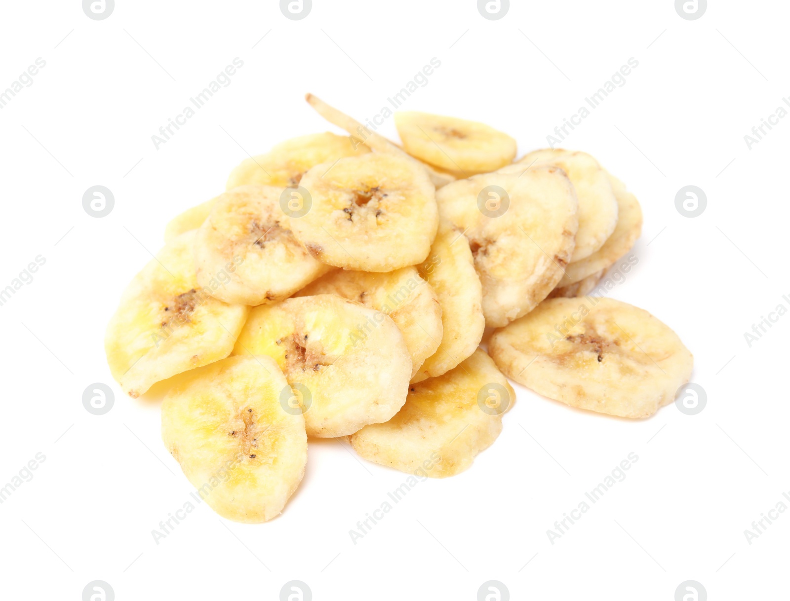 Photo of Heap of sweet banana slices on white background. Dried fruit as healthy snack