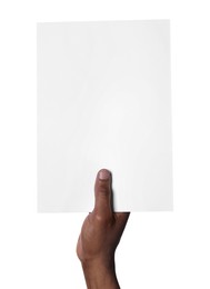 African American man holding sheet of paper on white background, closeup. Mockup for design