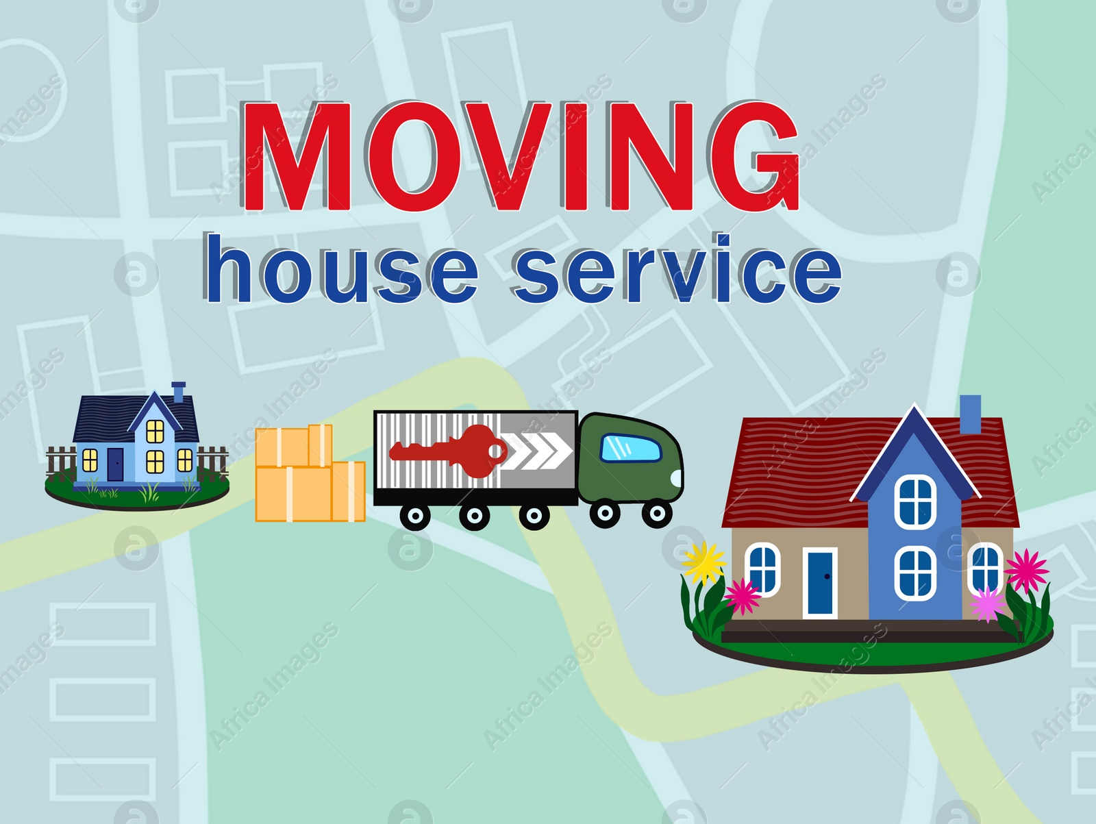 Image of Movers service. Illustration of truck and houses