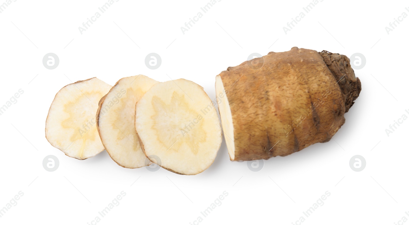 Photo of Cut turnip rooted chervil tuber isolated on white, top view