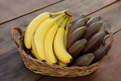 Wicker basket with tasty purple and yellow bananas on wooden table, closeup