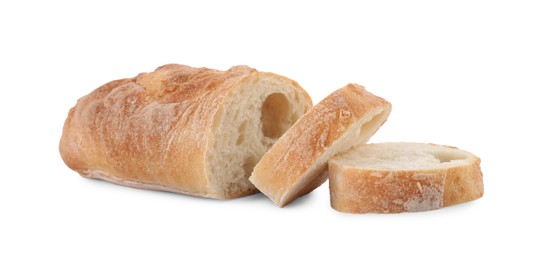 Pieces of fresh baguette on white background