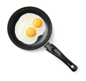 Frying pan with tasty cooked eggs isolated on white, top view