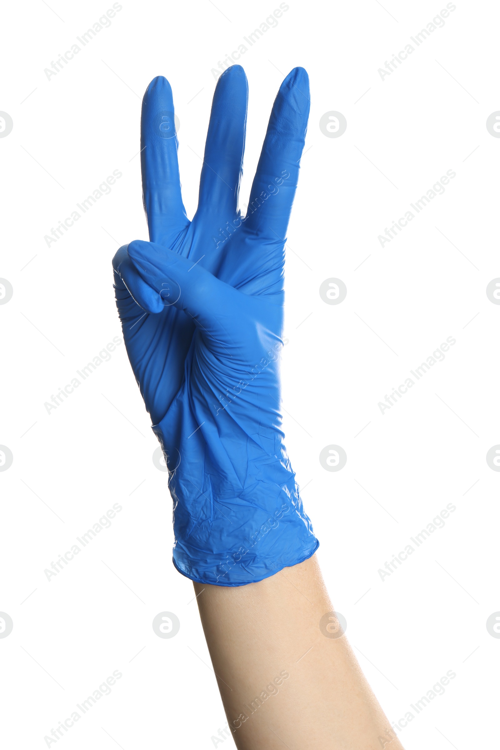Photo of Woman in blue latex gloves showing three fingers on white background, closeup of hand