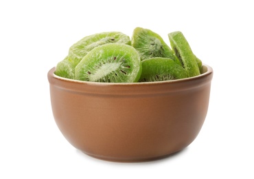 Photo of Bowl with slices of kiwi on white background. Dried fruit as healthy food