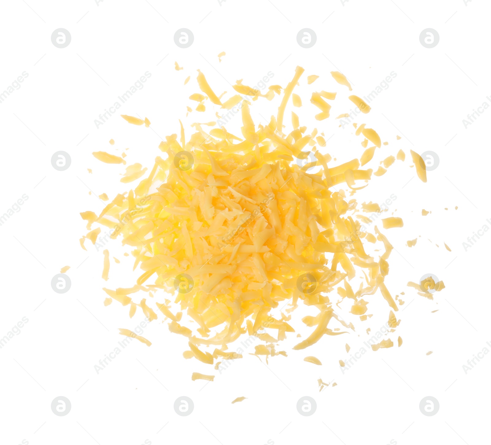 Photo of Pile of grated cheese on white background