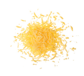 Pile of grated cheese on white background