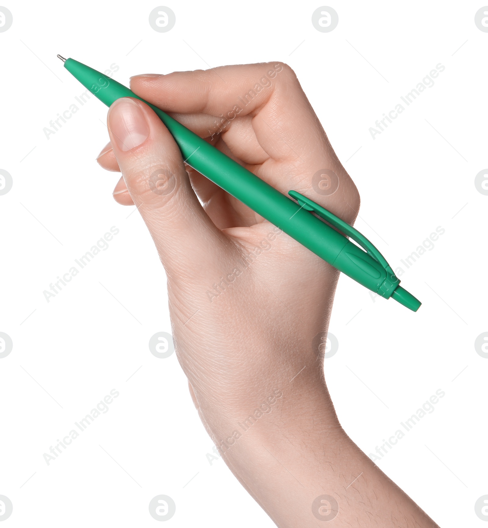 Photo of Woman holding pen on white background, closeup of hand