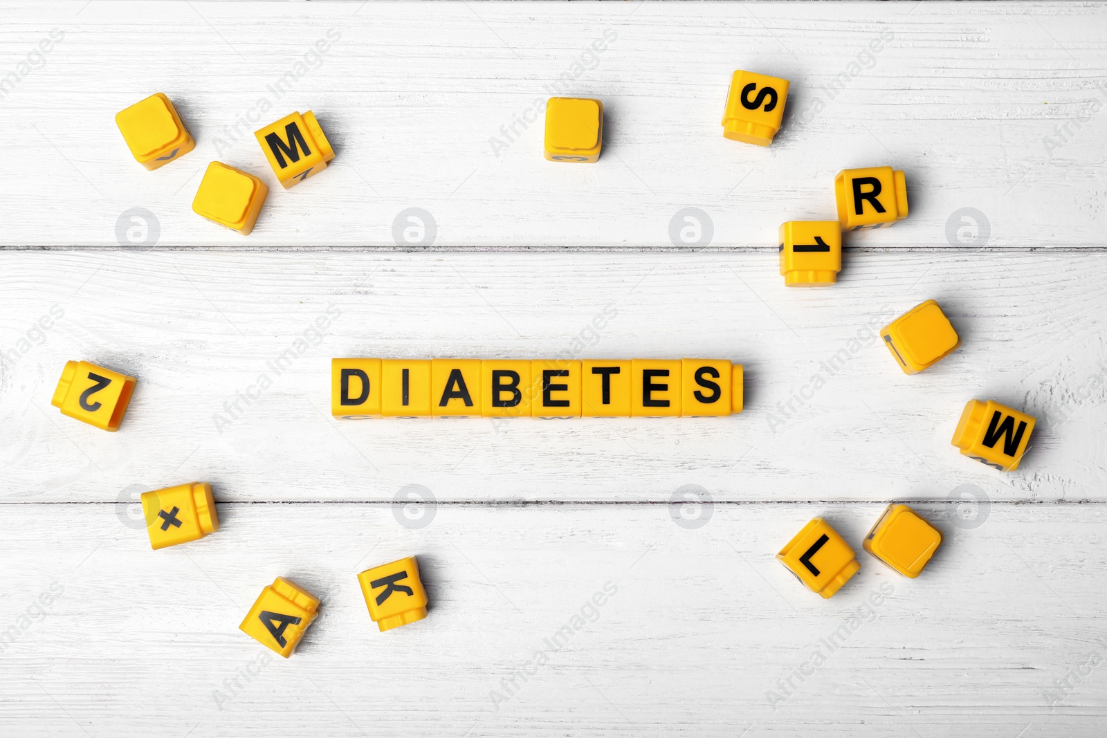Photo of Flat lay composition with word DIABETES on wooden background