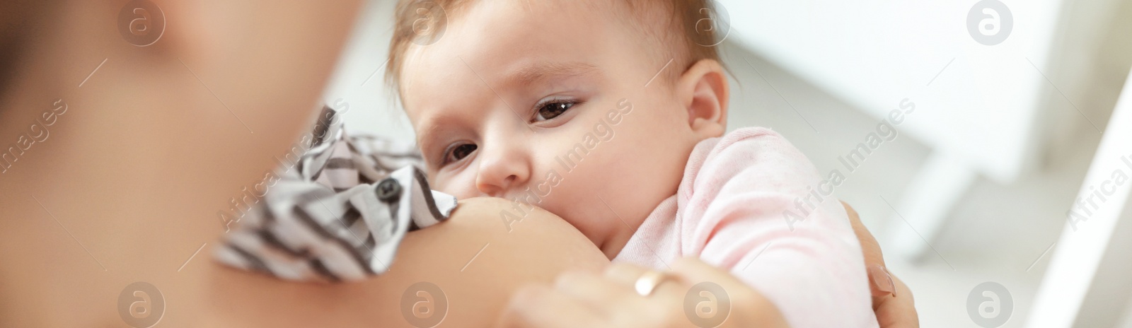 Image of Young woman breast feeding her little baby at home, above view. Banner design