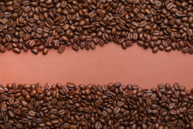 Photo of Coffee beans on brown background, flat lay and space for text. Decaffeinated drink