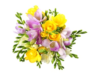 Photo of Bouquet of fresh freesia flowers isolated on white, top view