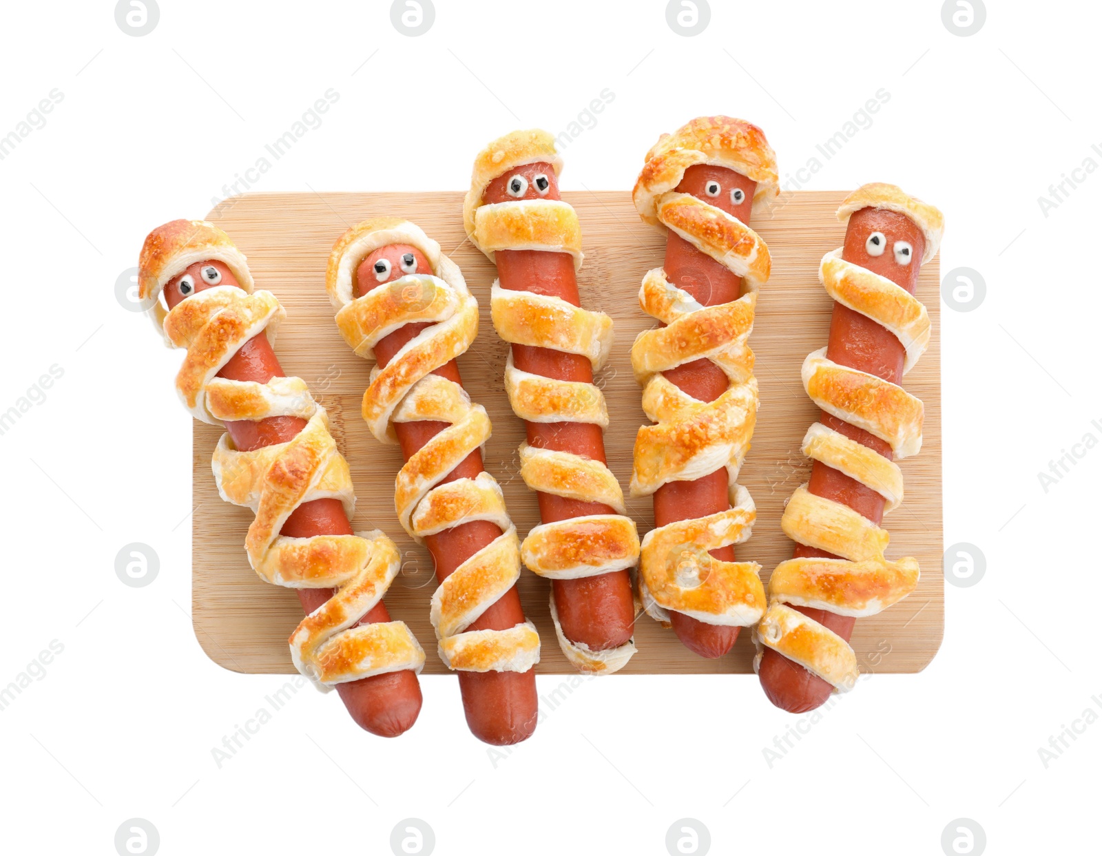 Photo of Cute sausage mummies on white background, top view. Halloween party food