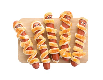 Photo of Cute sausage mummies on white background, top view. Halloween party food
