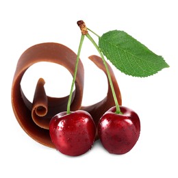 Image of Fresh cherries and chocolate curl isolated on white