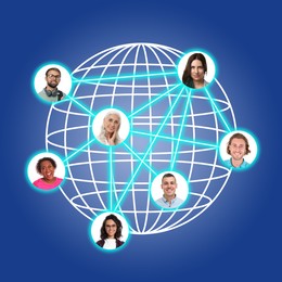 Scheme with avatars linked together as network and illustration of globe on blue background