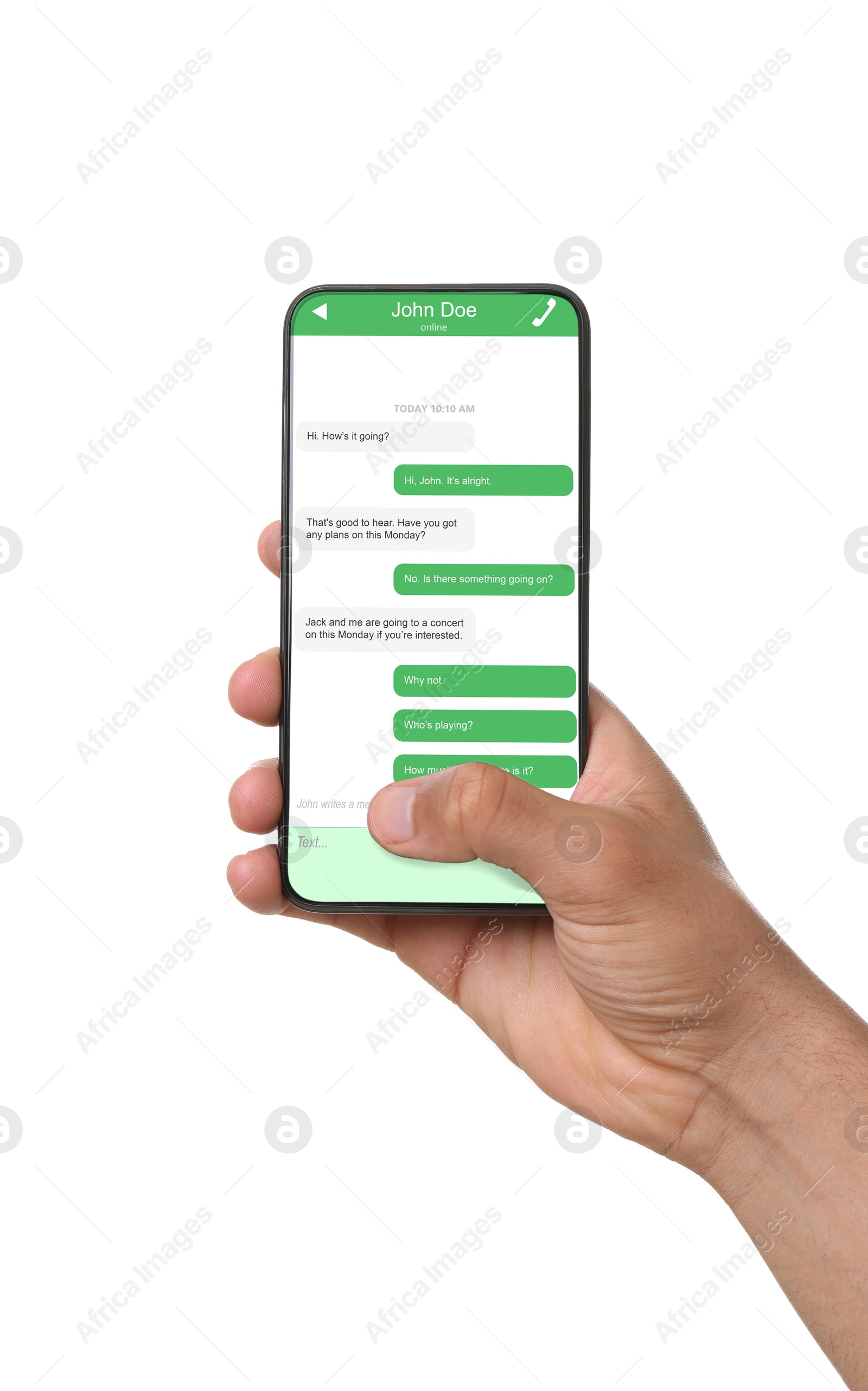 Image of Man texting via mobile phone on white background, closeup. Device screen with messages