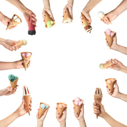 Image of People with delicious ice creams in wafer cones on white background, closeup