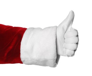 Photo of Merry Christmas. Santa Claus showing thumbs up on white background, closeup