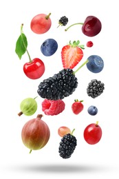 Image of Many different fresh berries falling on white background