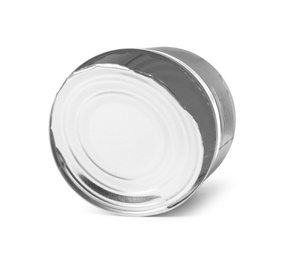 Photo of Open empty tin can isolated on white