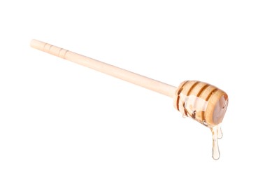 Photo of Natural honey dripping from dipper on white background