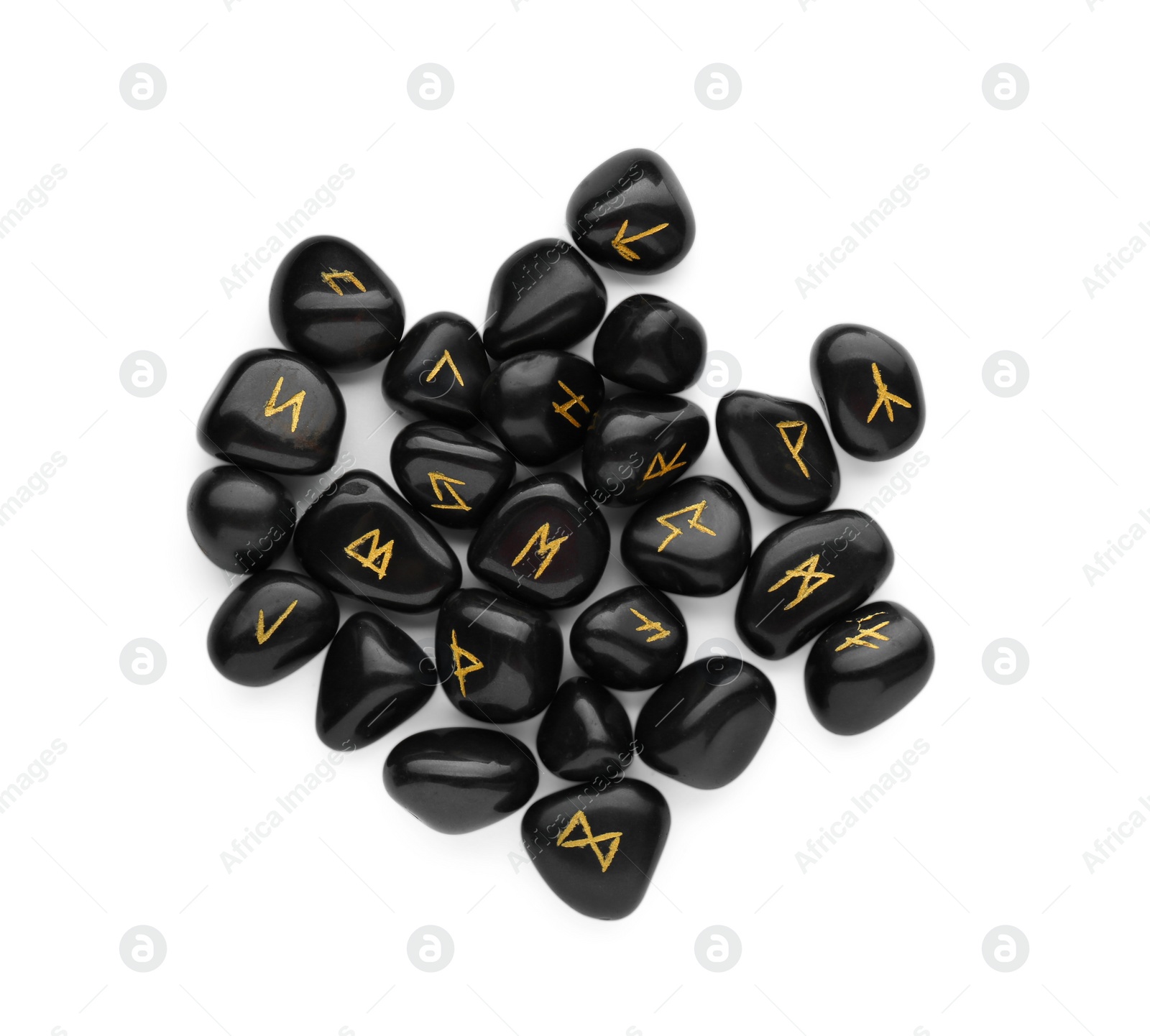 Photo of Pile of black rune stones isolated on white, top view