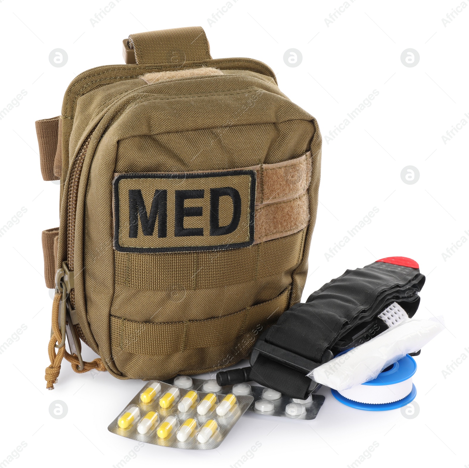 Photo of Military first aid kit with items isolated on white