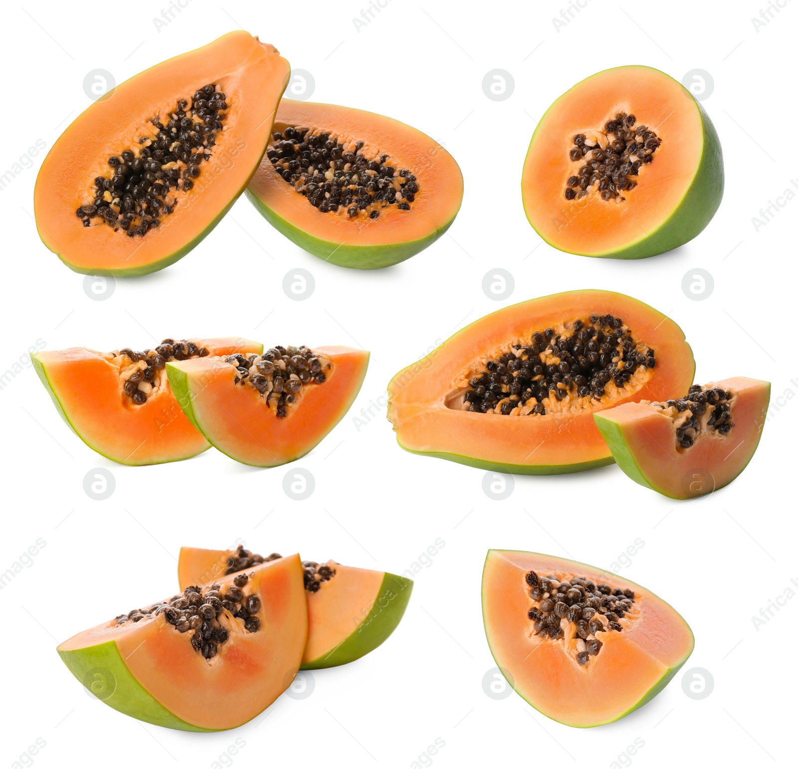 Image of Set with fresh ripe papaya fruits on white background