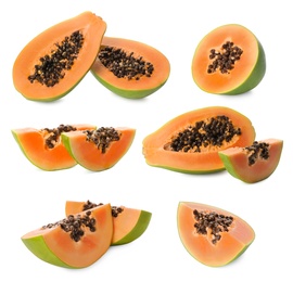 Set with fresh ripe papaya fruits on white background