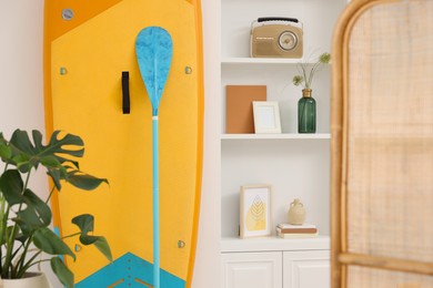 Photo of SUP board and shelving unit in room. Interior design