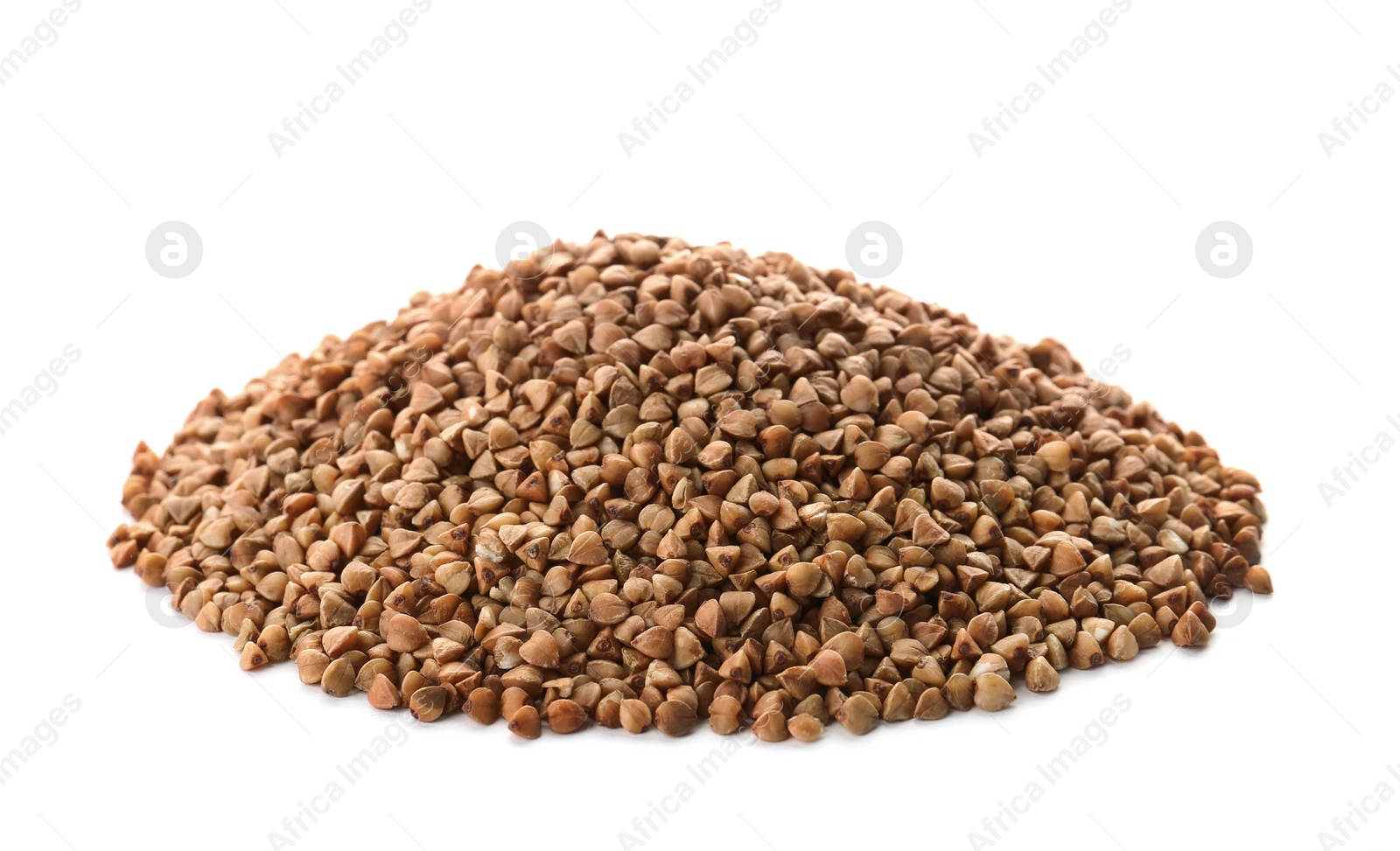 Photo of Raw buckwheat on white background. Healthy grains and cereals