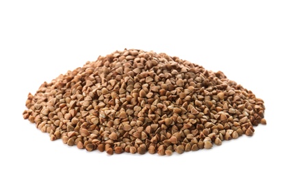 Raw buckwheat on white background. Healthy grains and cereals