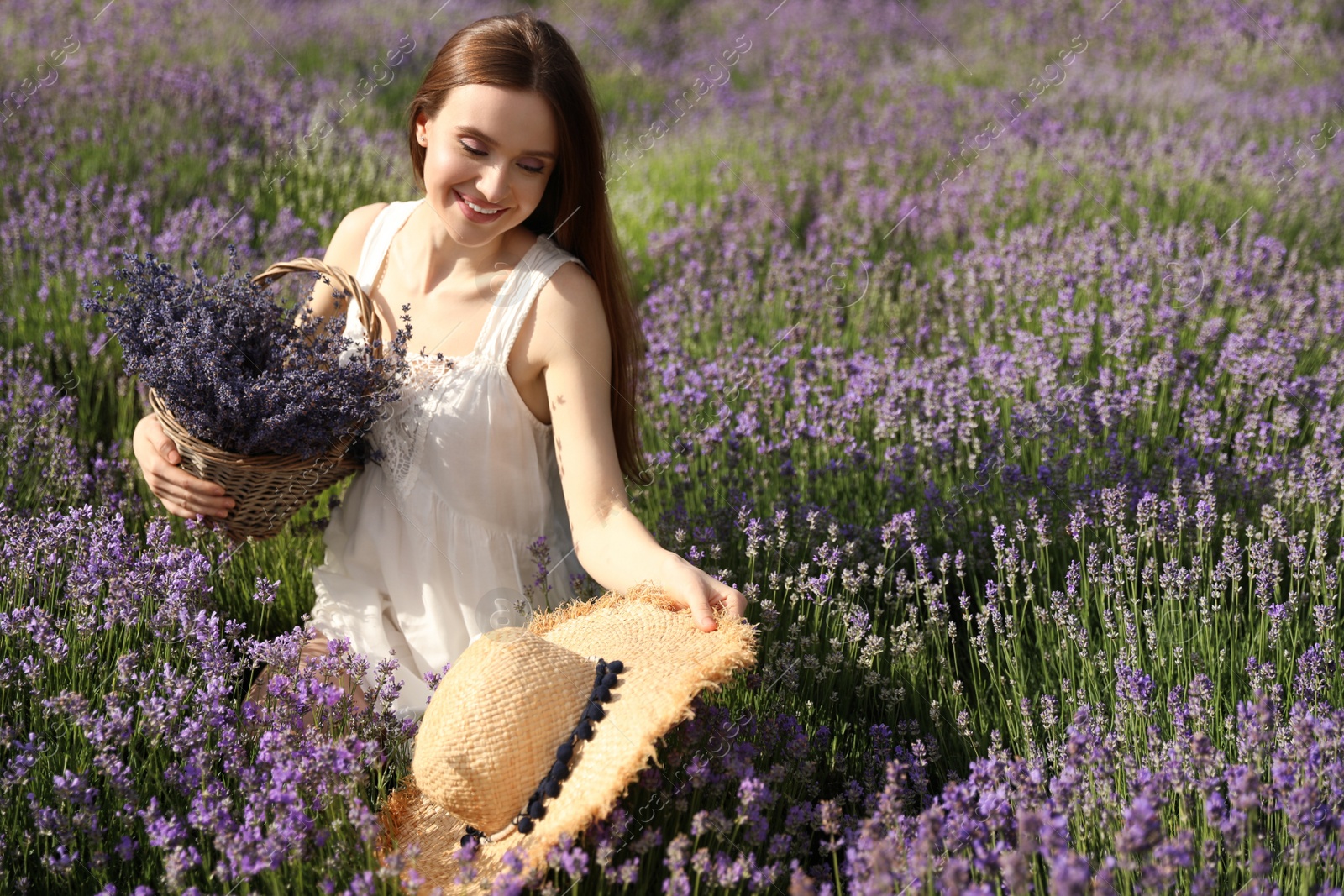 Photo of Young woman with straw hat and wicker basket full of lavender flowers in field