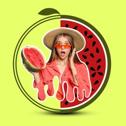 Beautiful girl with half of watermelon on colorful background. Summer party concept. Stylish creative design