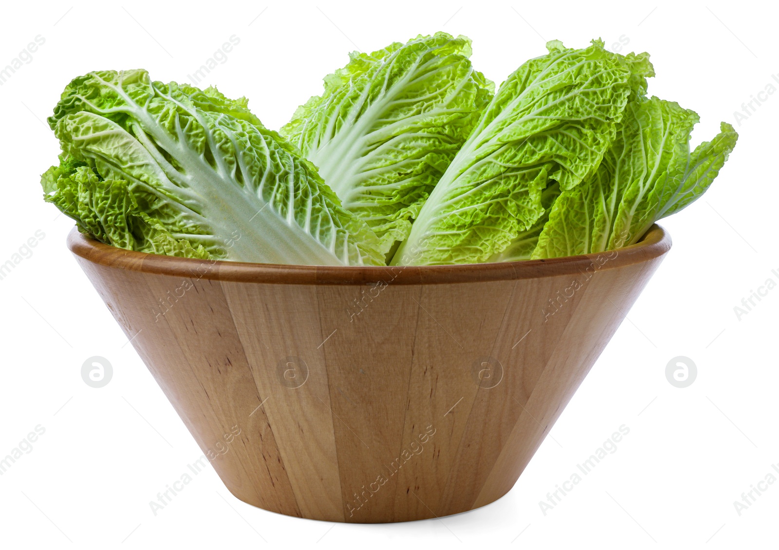 Photo of Fresh tasty Chinese cabbages in bowl on white background