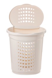 Photo of Open empty laundry basket isolated on white