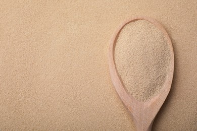 Photo of Spoon with granulated yeast, top view. Ingredient for baking