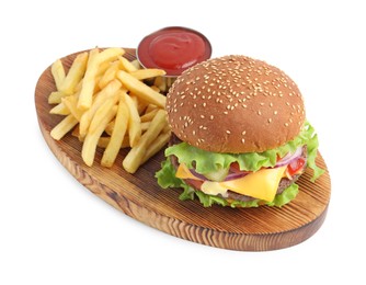 Delicious burger with beef patty, tomato sauce and french fries isolated on white