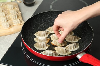 Woman cooking gyoza on frying pan with hot oil in kitchen, closeup