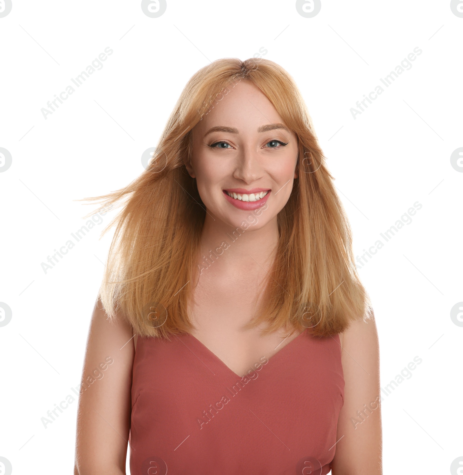 Photo of Portrait of beautiful young woman with blonde hair on white background