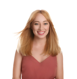 Photo of Portrait of beautiful young woman with blonde hair on white background