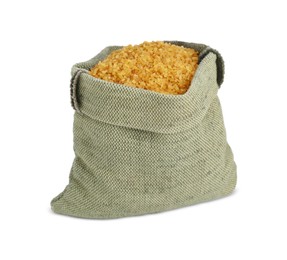 Photo of Sack with uncooked bulgur isolated on white