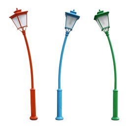 Image of Beautiful colorful street lamps on white background, collage