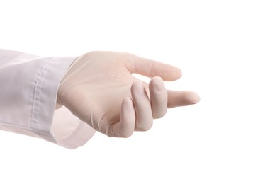 Photo of Doctor wearing medical glove on white background, closeup