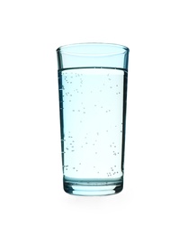 Glass of water on blue background. Refreshing drink