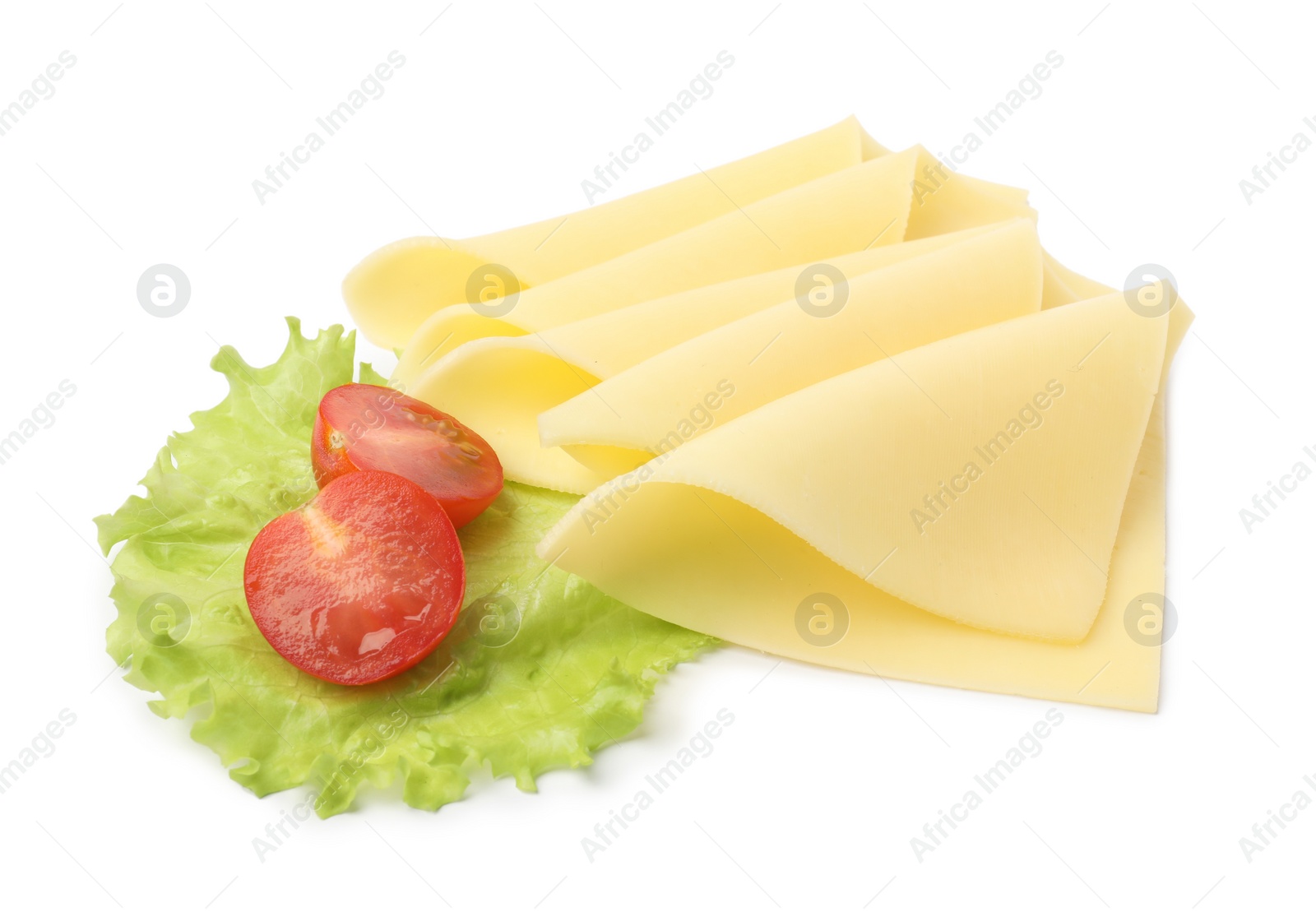 Photo of Slices of tasty fresh cheese, tomatoes and lettuce isolated on white